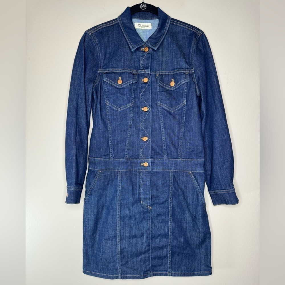 Madewell dark wash denim jean jumper button dress women’s size small